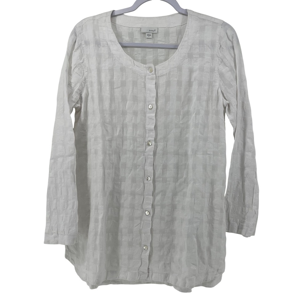 Pure Jill‎ Linen Cotton Textured Plaid Button Front Tunic Shirt Small White S